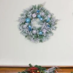 Northlight 24" Blue & Silver Sequin Ornaments Artificial Flocked Pine Wreath -Northlight Sale Store 28529 32275665 3