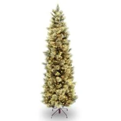 6.5 Ft. Pre-Lit Carolina Pine Slim Artificial Christmas Tree With Flocked Pine Cones, Clear Lights