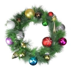 Northlight 24" Pre-Decorated Multicolor Ball Ornament Long Needle Pine Artificial Christmas Wreath, Unlit -Northlight Sale Store D027330S 11