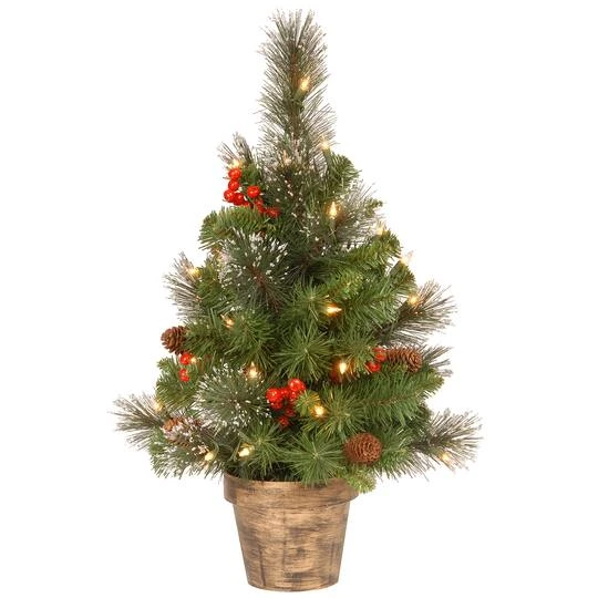 2ft. Pre-Lit Crestwood Spruce Small Tree With Silver Bristle, Cones, Red Berries & Glitter In A Plastic Bronze Pot, Clear Lights 2 2ft. Pre-Lit Crestwood Spruce Small Tree With Silver Bristle, Cones, Red Berries & Glitter In A Plastic Bronze Pot, Clear Lights - Image 2