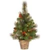 2ft. Pre-Lit Crestwood Spruce Small Tree With Silver Bristle, Cones, Red Berries & Glitter In A Plastic Bronze Pot, Clear Lights