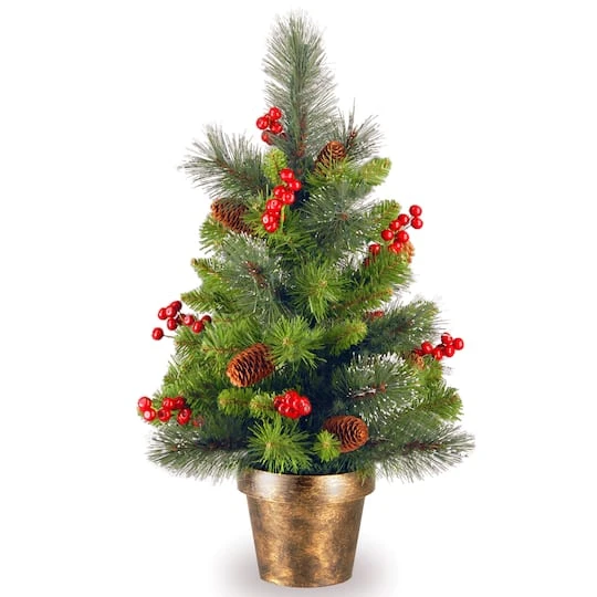 2ft. Unlit Silver Bristle, Pinecones, Red Berries & Glitter Crestwood Spruce Artificial Christmas Tree In Bronze Pot 1 2ft. Unlit Silver Bristle, Pinecones, Red Berries & Glitter Crestwood Spruce Artificial Christmas Tree In Bronze Pot