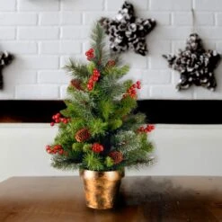 2ft. Unlit Silver Bristle, Pinecones, Red Berries & Glitter Crestwood Spruce Artificial Christmas Tree In Bronze Pot 7 2ft. Unlit Silver Bristle, Pinecones, Red Berries & Glitter Crestwood Spruce Artificial Christmas Tree In Bronze Pot -Northlight Sale Store D206319S 2