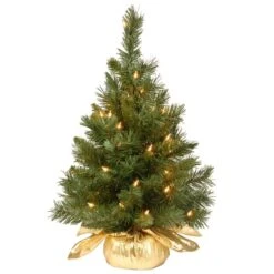 24" Pre-Lit Majestic Fir Tree In Gold Cloth Bag, Clear Lights