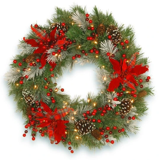 30" Pre-Lit Decorative Collection Cones, Red Berries & Poinsettias Tartan Plaid Wreath With Warm White LED Lights 2 30" Pre-Lit Decorative Collection Cones, Red Berries & Poinsettias Tartan Plaid Wreath With Warm White LED Lights - Image 2