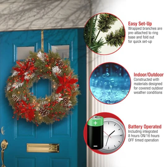 30" Pre-Lit Decorative Collection Cones, Red Berries & Poinsettias Tartan Plaid Wreath With Warm White LED Lights 6 30" Pre-Lit Decorative Collection Cones, Red Berries & Poinsettias Tartan Plaid Wreath With Warm White LED Lights - Image 6