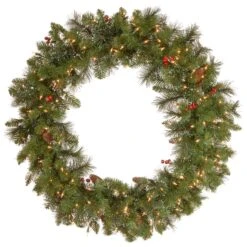 36" Crestwood Spruce Wreath With Silver Bristle, Cones, Red Berries & Glitter With 200ct. Clear Lights