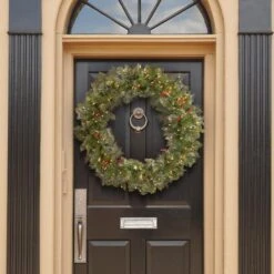 36" Crestwood Spruce Wreath With Silver Bristle, Cones, Red Berries & Glitter With 200ct. Clear Lights -Northlight Sale Store D206591S 2