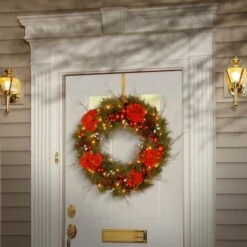 24" Decorative Collection Hydrangea Wreath With Cones, Red Berries & 50ct. Soft White Battery Operated LED Lights With Timer -Northlight Sale Store D206595S 12