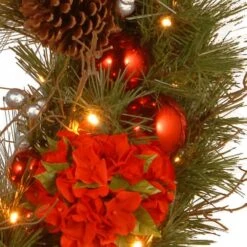 24" Decorative Collection Hydrangea Wreath With Cones, Red Berries & 50ct. Soft White Battery Operated LED Lights With Timer -Northlight Sale Store D206595S 13