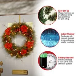 24" Decorative Collection Hydrangea Wreath With Cones, Red Berries & 50ct. Soft White Battery Operated LED Lights With Timer -Northlight Sale Store D206595S 16