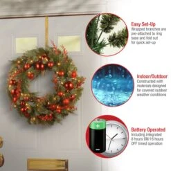 24" Decorative Collection Christmas Red Mixed Wreaths With 50ct. Soft White Battery Operated LED Lights With Timer -Northlight Sale Store D206600S 15