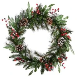 30" Frosted Pine Berry Collection Wreaths With Big White Edged Pine Cones, Red Berries, Silver Glittered Eucalyptus Leaves & Warm White LED Lights -Northlight Sale Store D206623S 14