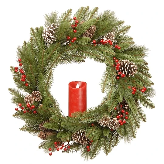 24" Feel Real® Bristle Berry Wreath With Red Electronic Candle, Red Berries & Cones 1 24" Feel Real® Bristle Berry Wreath With Red Electronic Candle, Red Berries & Cones