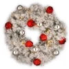 24" Snowy Bristle Pine Wreaths With Red & Silver Ornaments & Warm White LED Lights