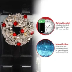 24" Snowy Bristle Pine Wreaths With Red & Silver Ornaments & Warm White LED Lights -Northlight Sale Store D206633S 15