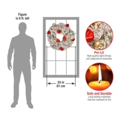 24" Snowy Bristle Pine Wreaths With Red & Silver Ornaments & Warm White LED Lights -Northlight Sale Store D206633S 4