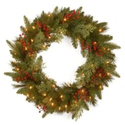 24" Feel Real® Classical Collection Wreath With Red Berries, Cedar Leaves & Warm White LED Lights