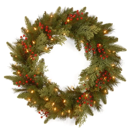 24" Feel Real® Classical Collection Wreath With Red Berries, Cedar Leaves & Warm White LED Lights 1 24" Feel Real® Classical Collection Wreath With Red Berries, Cedar Leaves & Warm White LED Lights