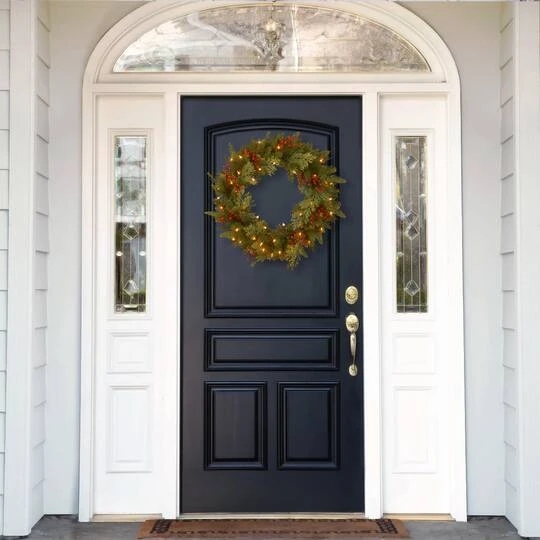 24" Feel Real® Classical Collection Wreath With Red Berries, Cedar Leaves & Warm White LED Lights 3 24" Feel Real® Classical Collection Wreath With Red Berries, Cedar Leaves & Warm White LED Lights - Image 3