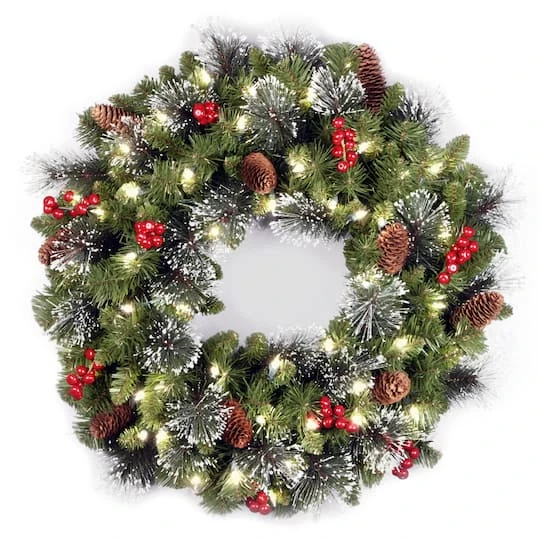 24" Crestwood® Spruce Wreath With Silver Bristle, Pine Cones, Red Berries & Glitter With Warm White LED Lights 2 24" Crestwood® Spruce Wreath With Silver Bristle, Pine Cones, Red Berries & Glitter With Warm White LED Lights - Image 2