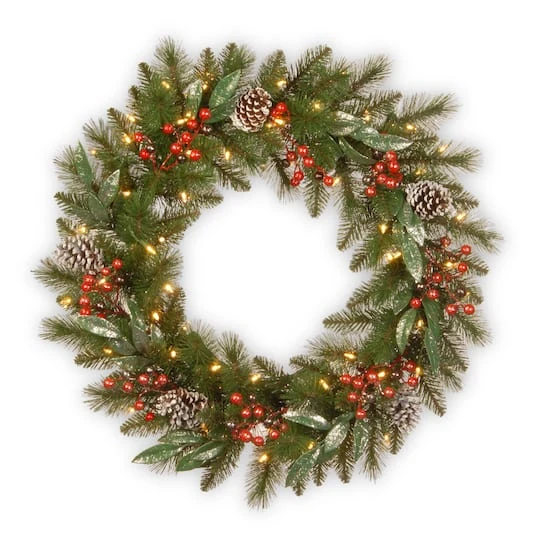 24" Frosted Pine Berry Collection Wreaths With Pine Cones, Red Berries, Silver Glittered Eucalyptus Leaves & Warm White LED Lights 2 24" Frosted Pine Berry Collection Wreaths With Pine Cones, Red Berries, Silver Glittered Eucalyptus Leaves & Warm White LED Lights - Image 2