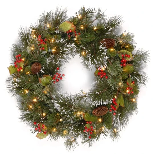 24" Wintry Pine® Wreath With Pine Cones, Red Berries, Snowflakes & Clear Lights 1 24" Wintry Pine® Wreath With Pine Cones, Red Berries, Snowflakes & Clear Lights