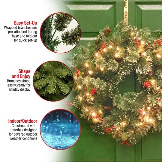 24" Wintry Pine® Wreath With Pine Cones, Red Berries, Snowflakes & Clear Lights 7 24" Wintry Pine® Wreath With Pine Cones, Red Berries, Snowflakes & Clear Lights - Image 7