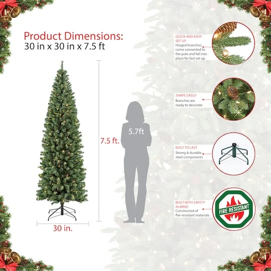 7.5ft Pre-Lit Northern Fir Pencil Artificial Christmas Tree, Clear Lights 6 7.5ft Pre-Lit Northern Fir Pencil Artificial Christmas Tree, Clear Lights - Image 6