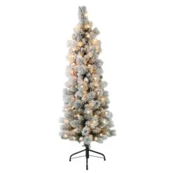 4.5ft. Pre-Lit Flocked Portland Pine Pencil Artificial Christmas Tree, Clear Lights