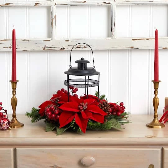 13" Poinsettia, Berry & Pine Artificial Arrangement Candelabrum 3 13" Poinsettia, Berry & Pine Artificial Arrangement Candelabrum - Image 3