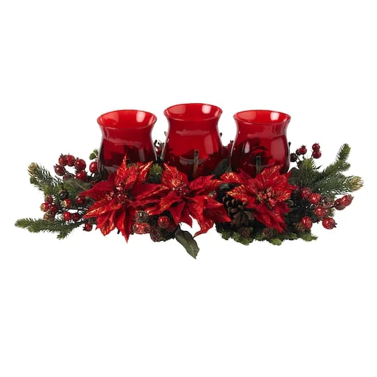 Poinsettia & Berry Triple Candelabrum Artificial Arrangement 2 Poinsettia & Berry Triple Candelabrum Artificial Arrangement - Image 2