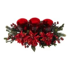 Poinsettia & Berry Triple Candelabrum Artificial Arrangement 8 Poinsettia & Berry Triple Candelabrum Artificial Arrangement -Northlight Sale Store D251236S 12