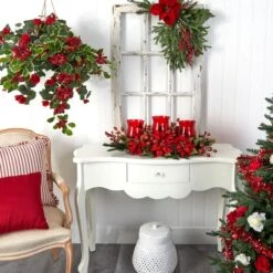 Poinsettia & Berry Triple Candelabrum Artificial Arrangement 10 Poinsettia & Berry Triple Candelabrum Artificial Arrangement -Northlight Sale Store D251236S 14