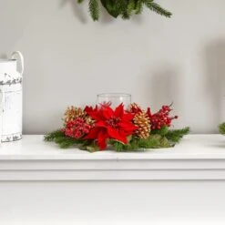 14" Poinsettia, Berry & Golden Pinecone Candelabrum Artificial Arrangement -Northlight Sale Store D251238S 13