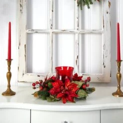 13" Poinsettia & Berry Candelabrum Artificial Arrangement -Northlight Sale Store D251239S 14