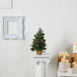 18" Pre-Lit Mixed Pine Artificial Christmas Tree With Holly Berries & Pinecones, Clear LED Lights -Northlight Sale Store D251296S 6