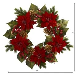 24" Poinsettia, Berry And Golden Pinecone Artificial Wreath -Northlight Sale Store D251358S 12