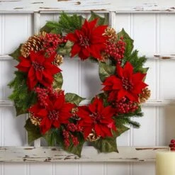 24" Poinsettia, Berry And Golden Pinecone Artificial Wreath -Northlight Sale Store D251358S 14