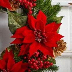 24" Poinsettia, Berry And Golden Pinecone Artificial Wreath -Northlight Sale Store D251358S 15