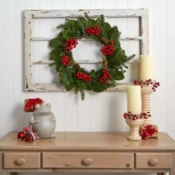 24" Magnolia Leaf, Berry & Pine Artificial Wreath -Northlight Sale Store D251362S 14