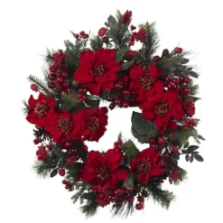 24" Red Poinsettia & Berry Wreath -Northlight Sale Store D251370S 12