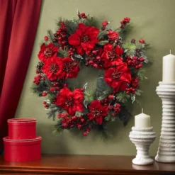 24" Red Poinsettia & Berry Wreath -Northlight Sale Store D251370S 14