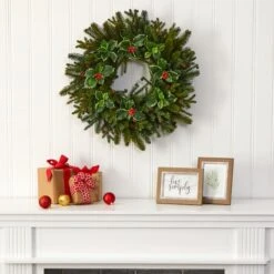 22" Pinecone & Holly Leaf Artificial Wreath -Northlight Sale Store D251380S 3