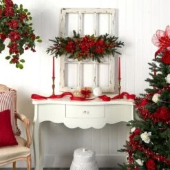 3ft. Red Poinsettia & Berry Centerpiece 12 3ft. Red Poinsettia & Berry Centerpiece -Northlight Sale Store D252167S 15