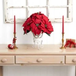 21" Potted Poinsettia With White Metal Planter -Northlight Sale Store D252177S 14