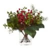 12" Berry, Pine & Boxwood Arrangement With Glass Vase