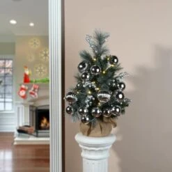 2ft. Pre-Lit Frosted Silver Pine Artificial Christmas Tree, Warm White LED Lights -Northlight Sale Store D252566S 2