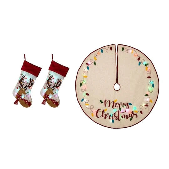 Glitzhome® LED Reindeer Stockings & Tree Skirt Set 1 Glitzhome® LED Reindeer Stockings & Tree Skirt Set