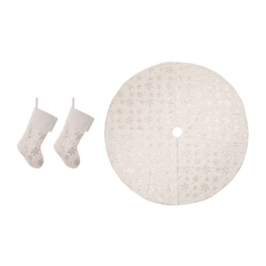 Glitzhome® White Plush With Snowflake Christmas Stocking & Tree Skirt Set 1 Glitzhome® White Plush With Snowflake Christmas Stocking & Tree Skirt Set